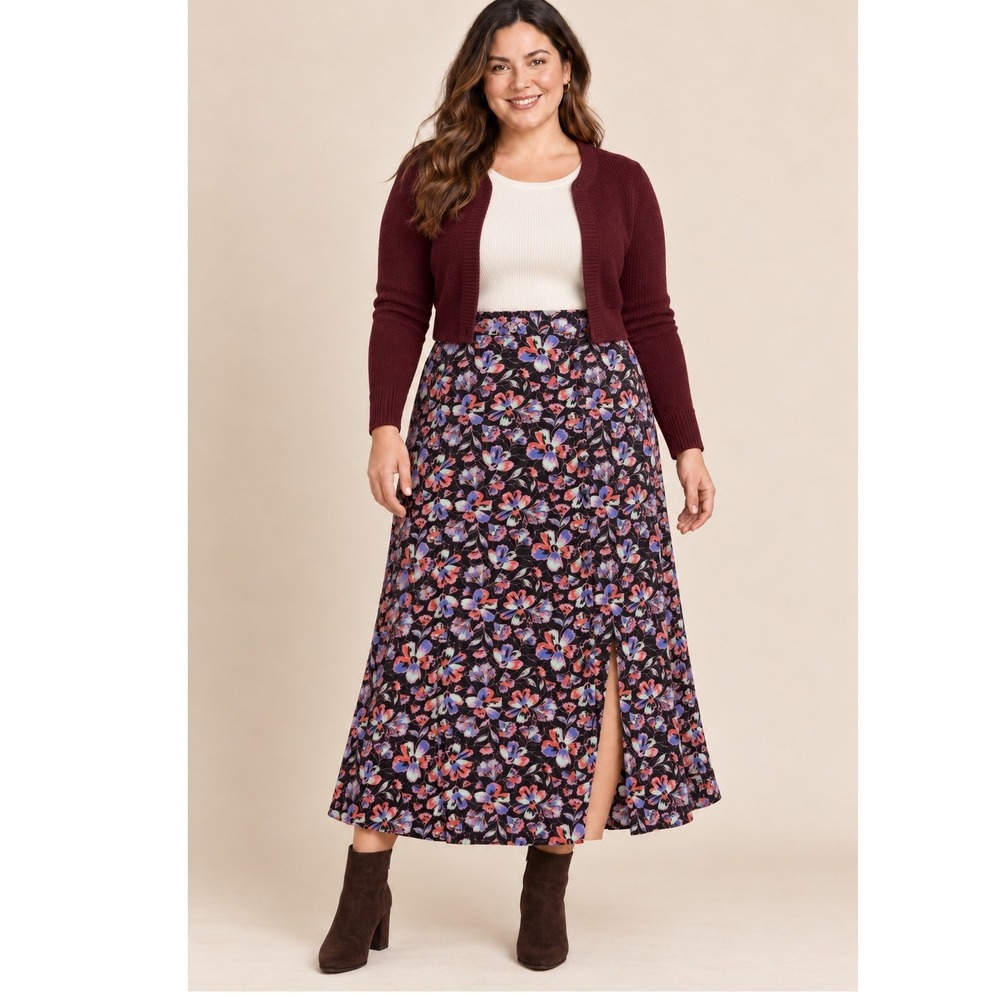 Violeta by Mango XXL Floral Button Front Midi Skirt Boho Cottagecore Slit
